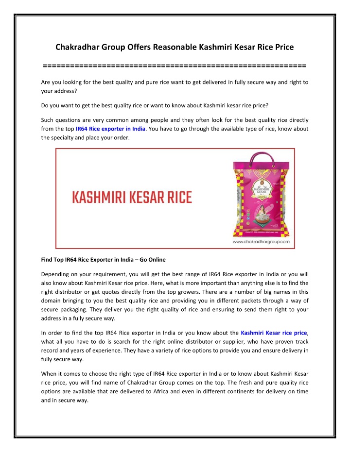 PPT - Chakradhar Group Offers Reasonable Kashmiri Kesar Rice Price PowerPoint Presentation - ID:10820831