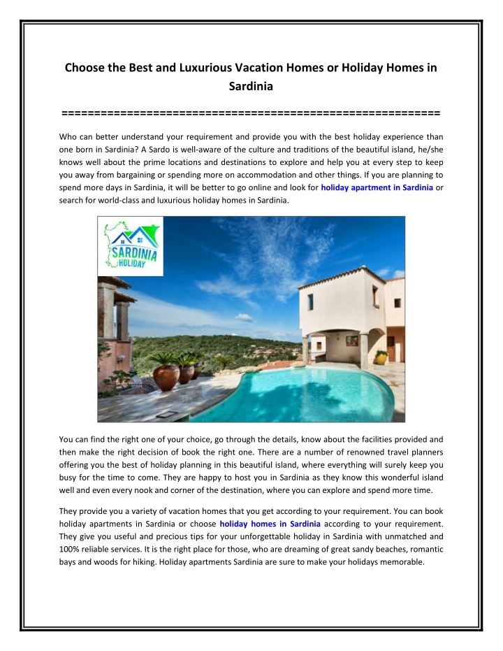 PPT - Choose the Best and Luxurious Vacation Homes or Holiday Homes in Sardinia PowerPoint Presentation - ID:10777844